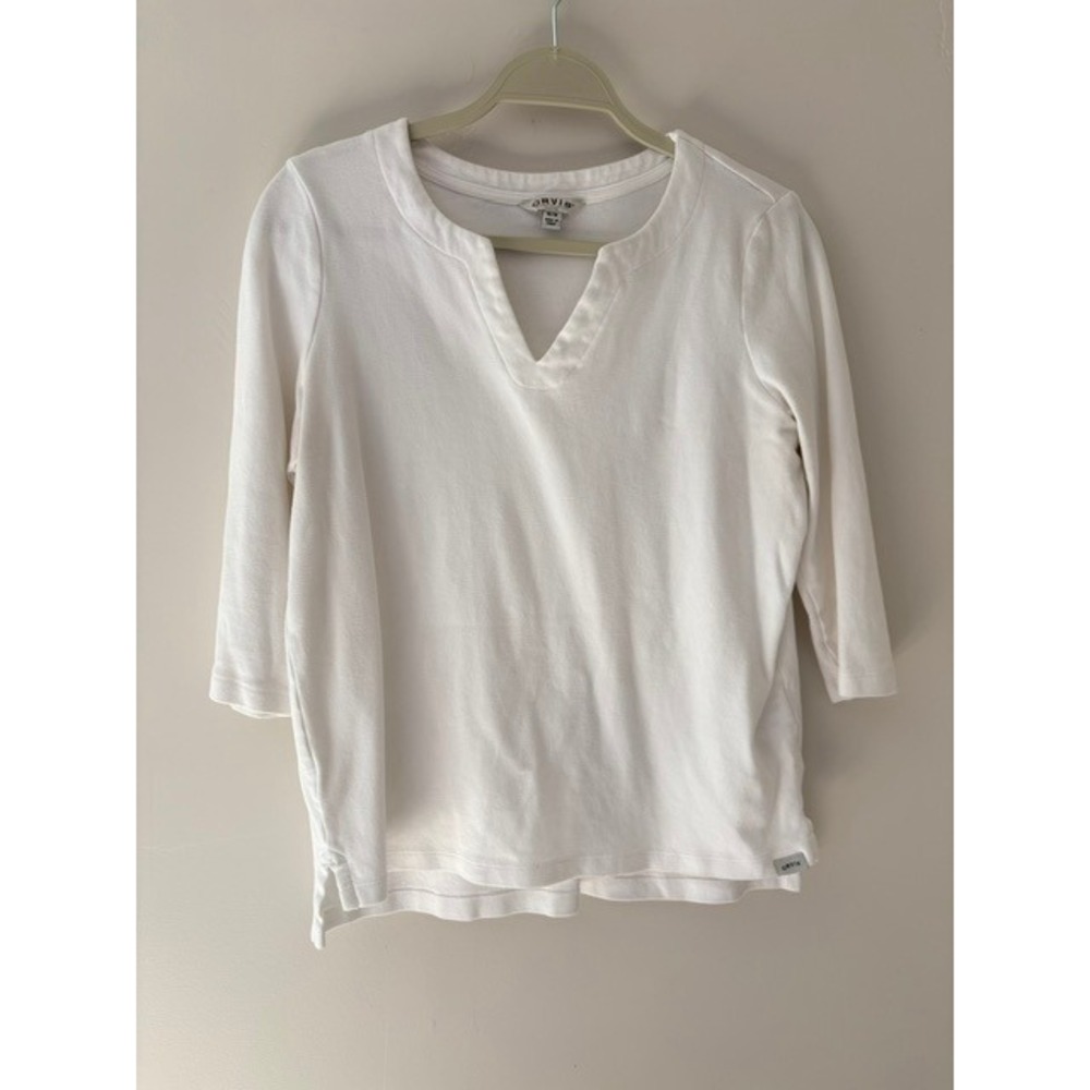 Orvis Classic Collection Womens White Split Neck 3/4 Sleeve Cotton Top‎ Medium